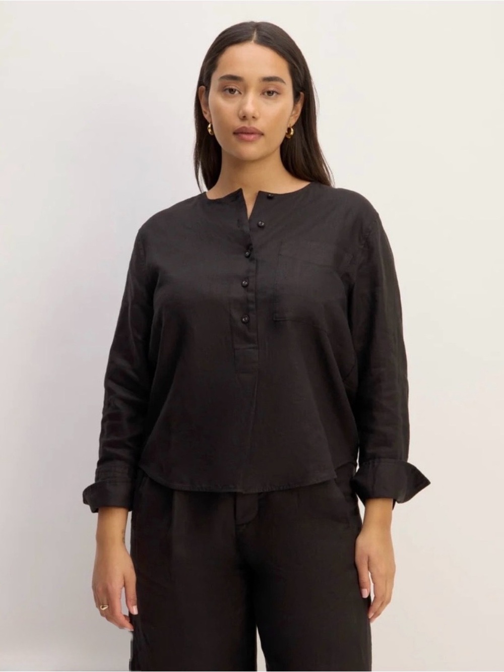 Everlane Linen Popover Black Long-Sleeve Blouse